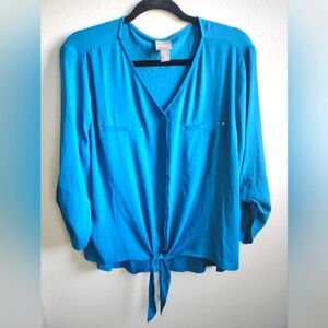 Chico’s Size 2 Teal Button-Down Tie Front Blouse Long Sleeve Lightweight Top